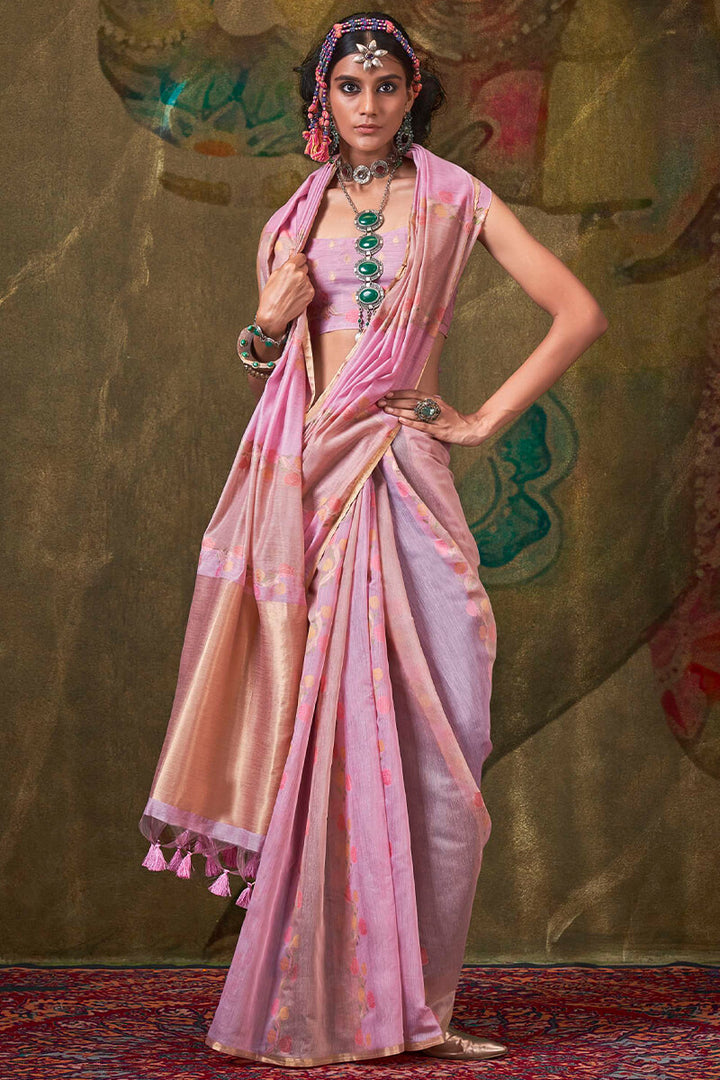 Cadillac Pink Pure Spun Cotton Rangkat Silk Saree
