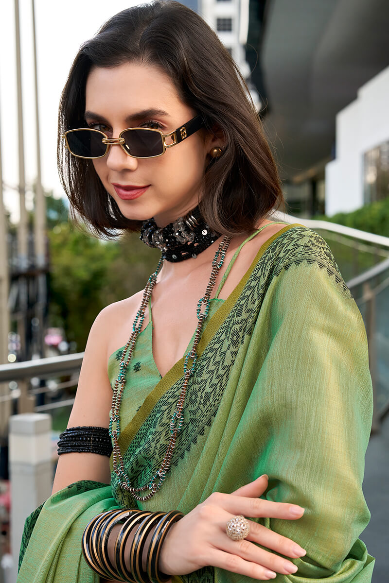 Camo Green Linen Tissue Silk Saree