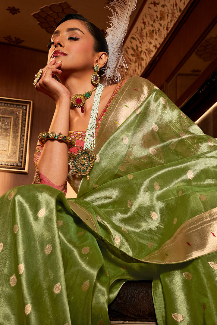 Camo Green Paithani Tissue Silk Saree With Embroidery Blouse