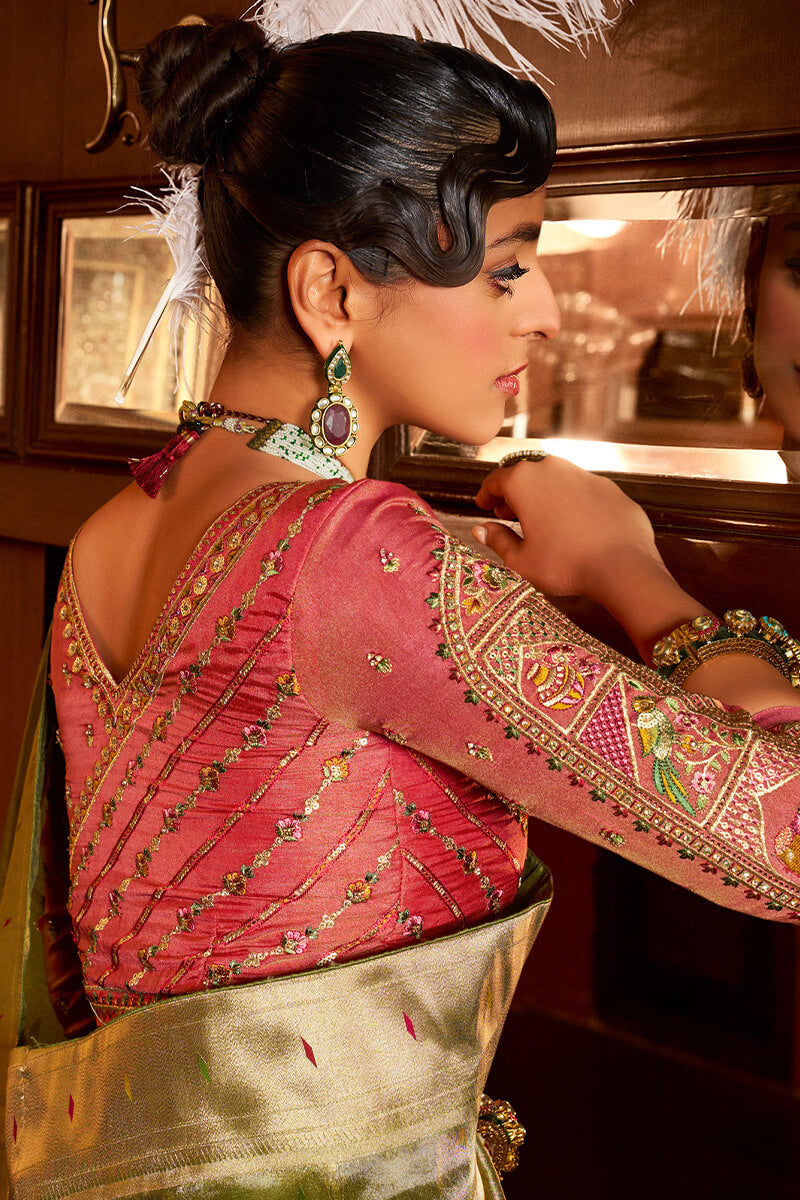 Camo Green Paithani Tissue Silk Saree With Embroidery Blouse