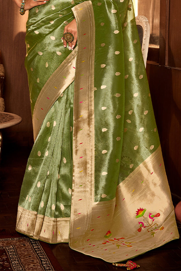 Camo Green Paithani Tissue Silk Saree With Embroidery Blouse