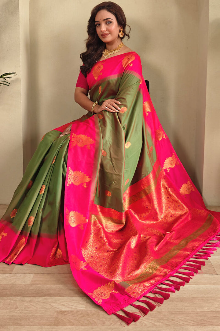 Camo Green Soft Banarasi Silk Saree With Chaap Border