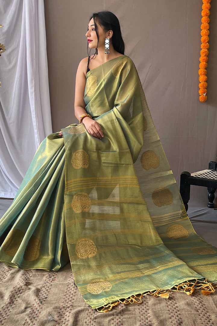 Camouflage Green Woven Tissue silk Saree