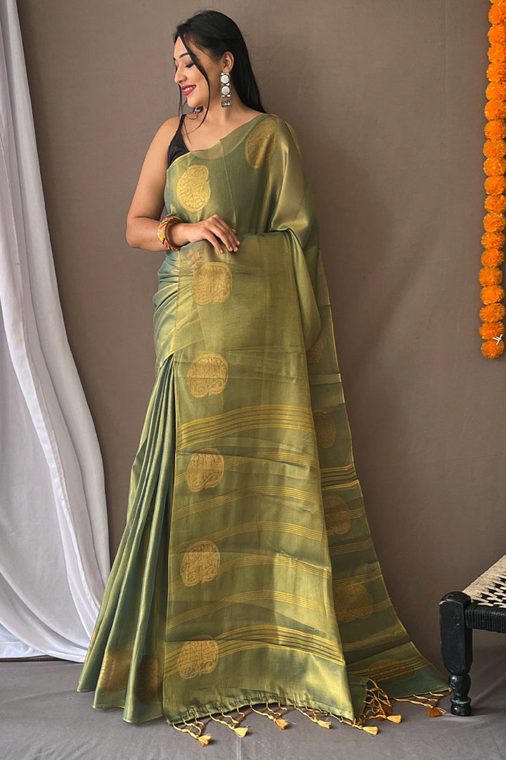 Camouflage Green Woven Tissue silk Saree