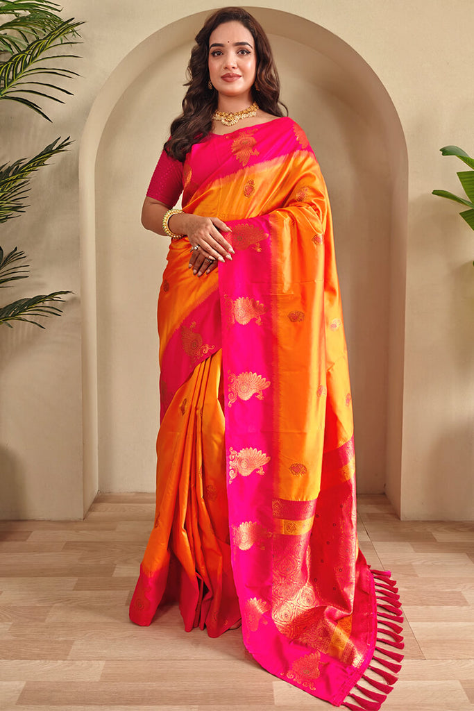 Cantaloupe Yellow Soft Banarasi Silk Saree With Chaap Border