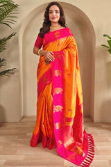 Cantaloupe Yellow Soft Banarasi Silk Saree With Chaap Border
