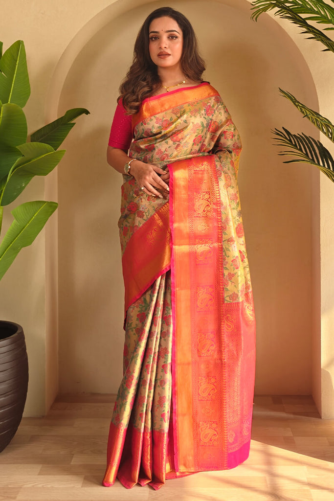 Carmine Pink and Beige Kanjivaram Saree