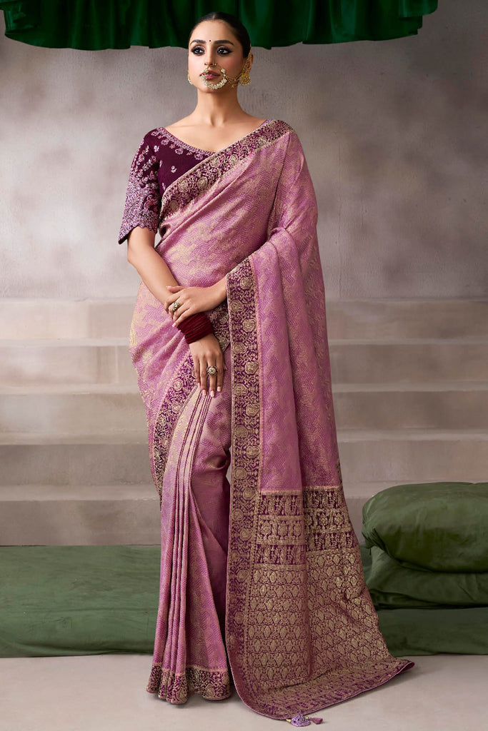 Carnation Pink Zari Woven Pure Crape Silk Saree with Designer Blouse Piece