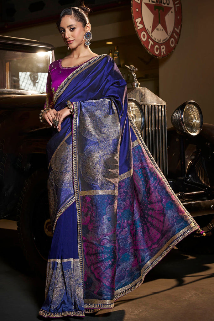 Catalina Blue Pure Silk Saree With Fancy Lace Border and Embroidery Blouse