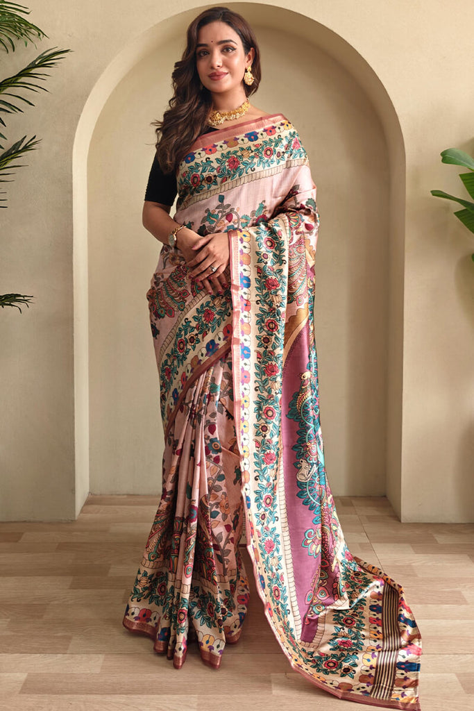 Cavern Pink Kalamkari Printed Soft Silk Saree