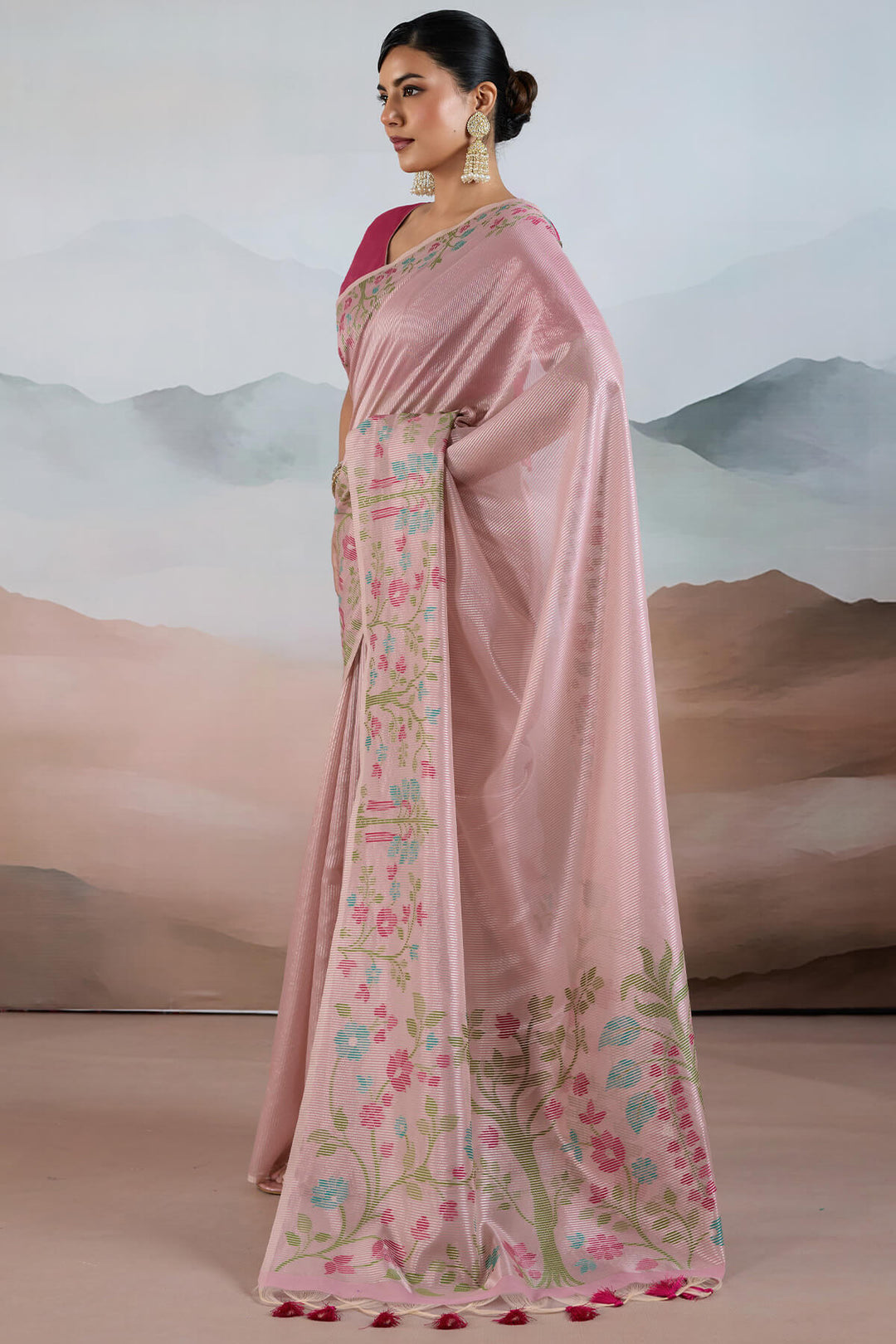 Cavern Pink Pure Tissue Silk Saree