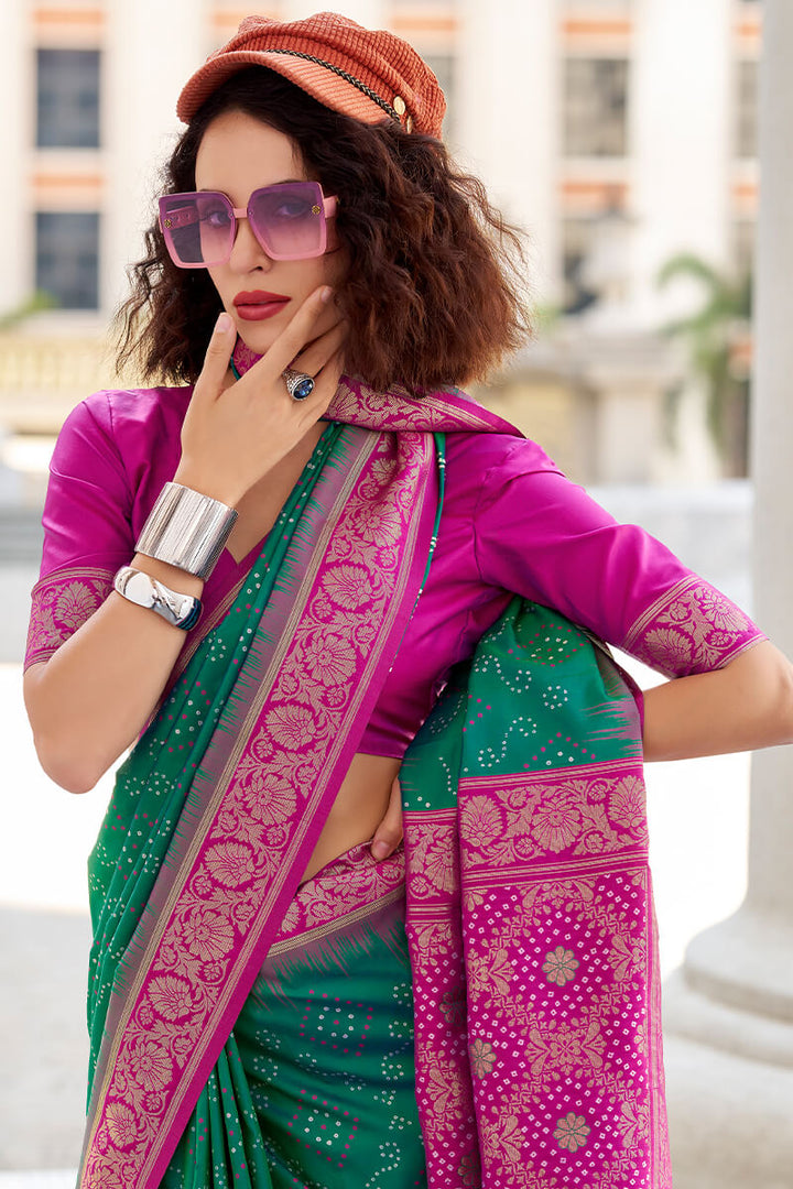Celtic Green Banarasi Soft Silk Saree
