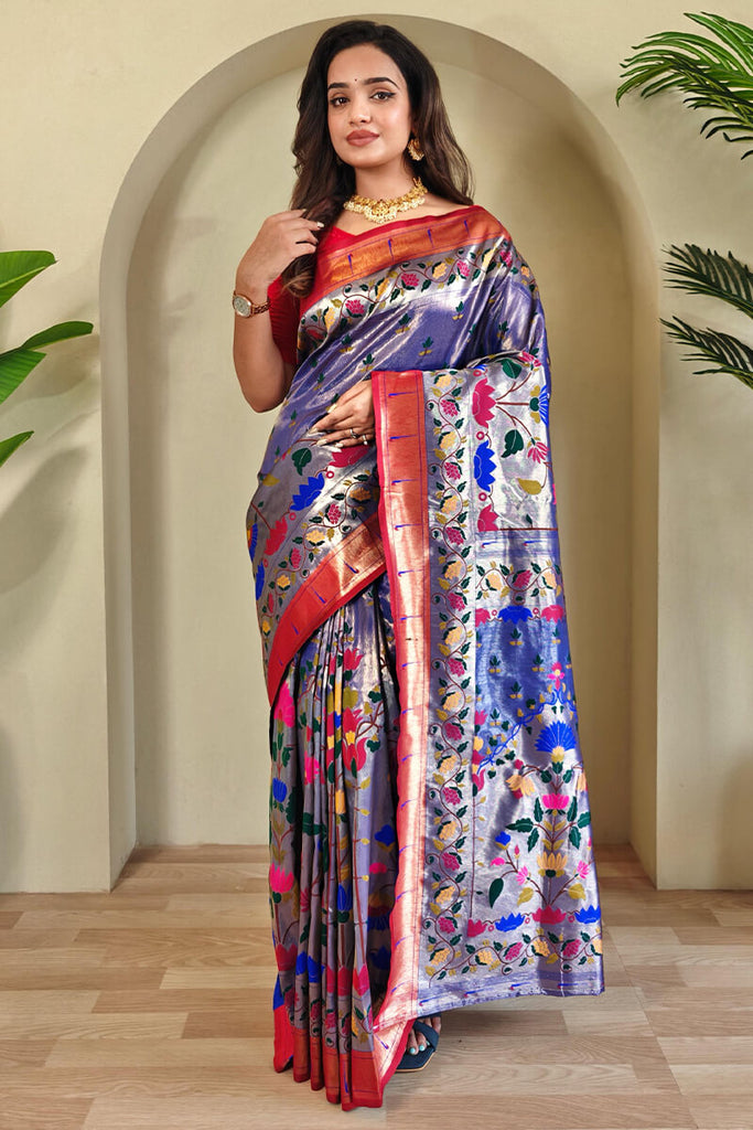 Chambray Blue Paithani Silk Saree