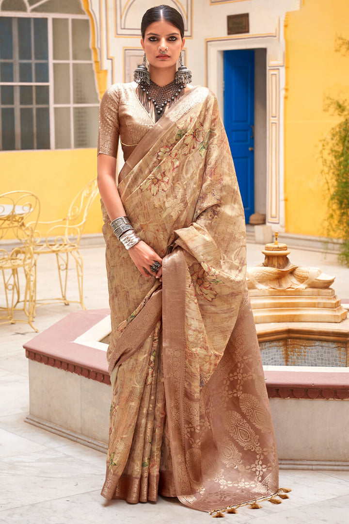 Champagne Beige Zari Woven Digital Printed Soft Cotton Silk Saree