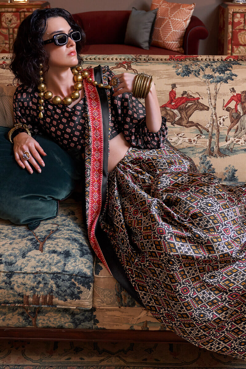 Charcoal Black Patola Printed Satin Crepe Silk Saree