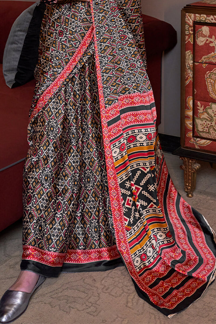 Charcoal Black Patola Printed Satin Crepe Silk Saree