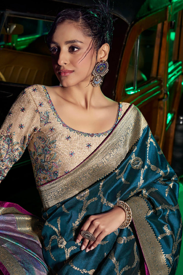 Chathams Blue Banarasi Pure Silk Saree with Designer Embroidery Blouse Piece