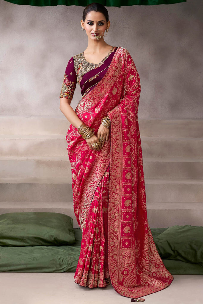 Cherry Pink Zari Woven Pure Crape Silk Saree with Designer Blouse Piece