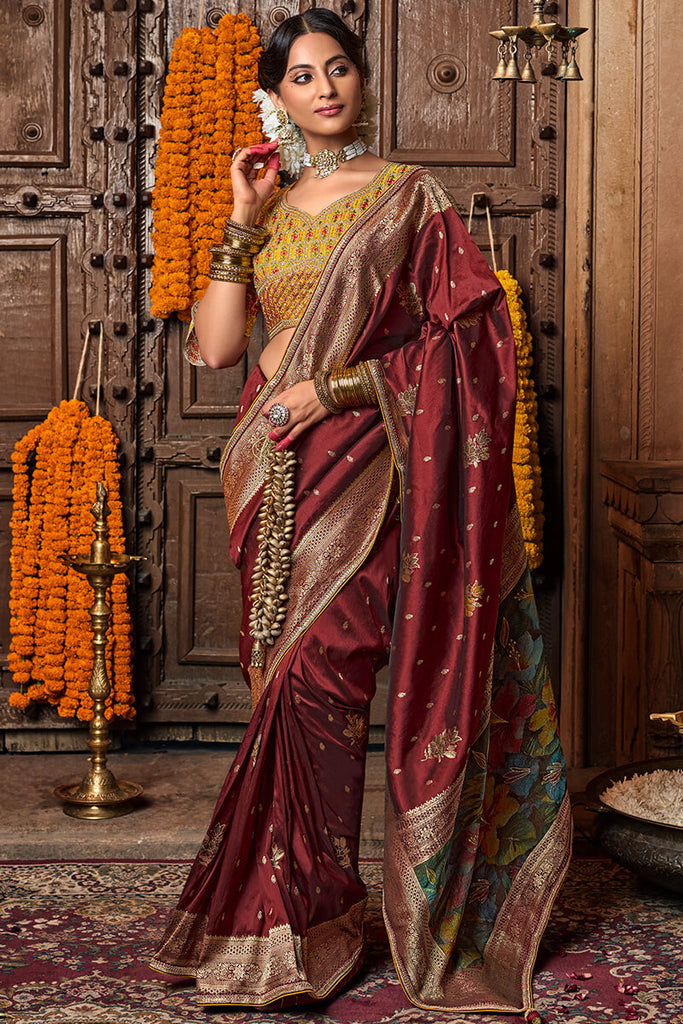 Chestnut Maroon Pure Silk Saree With Embroidery Blouse
