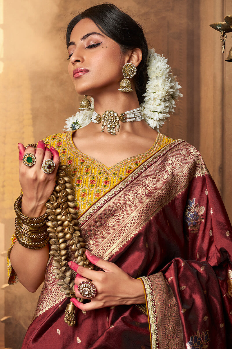 Chestnut Maroon Pure Silk Saree With Embroidery Blouse