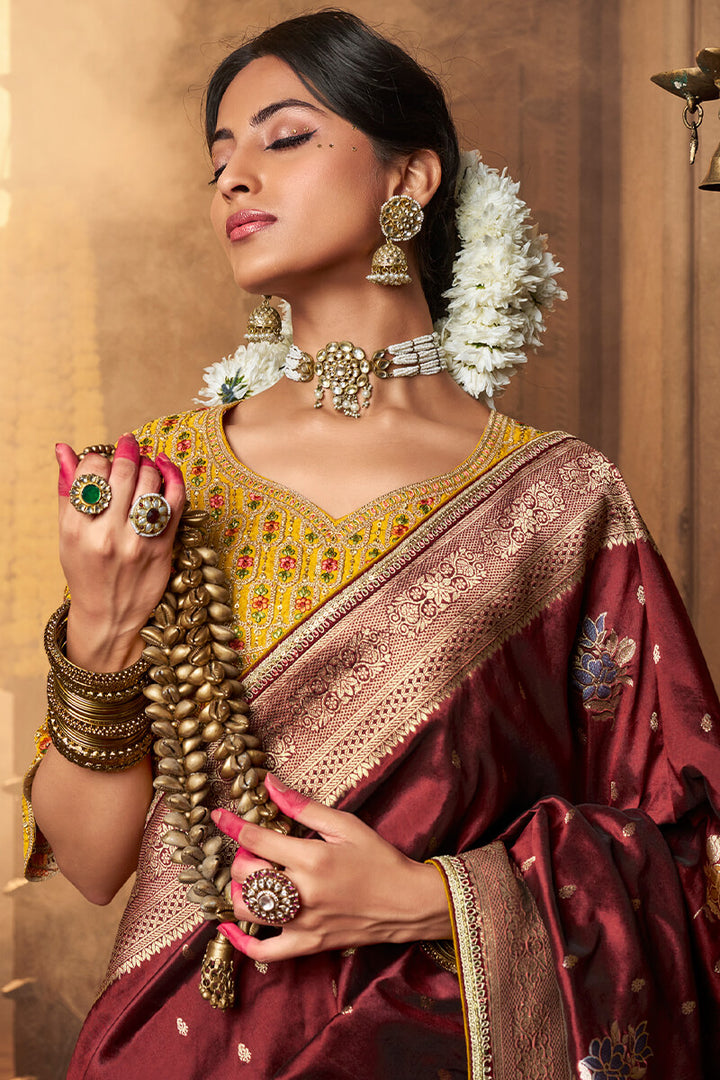 Chestnut Maroon Pure Silk Saree With Embroidery Blouse
