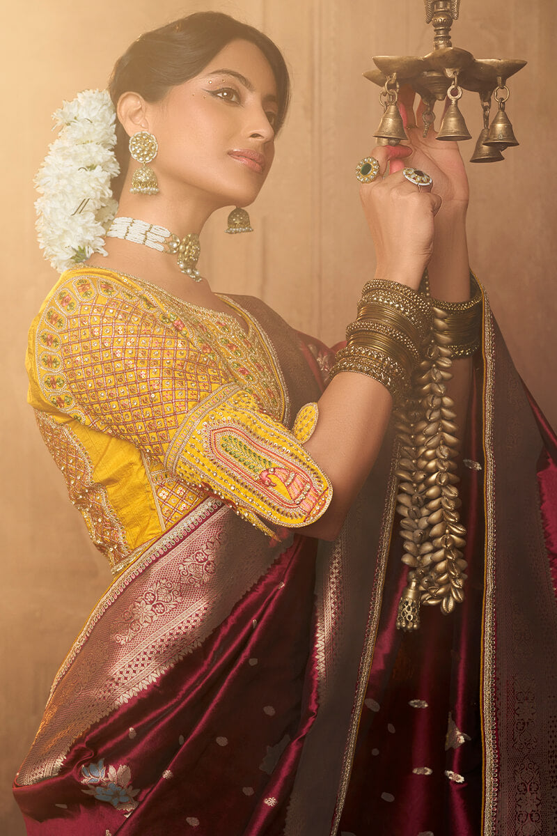 Chestnut Maroon Pure Silk Saree With Embroidery Blouse