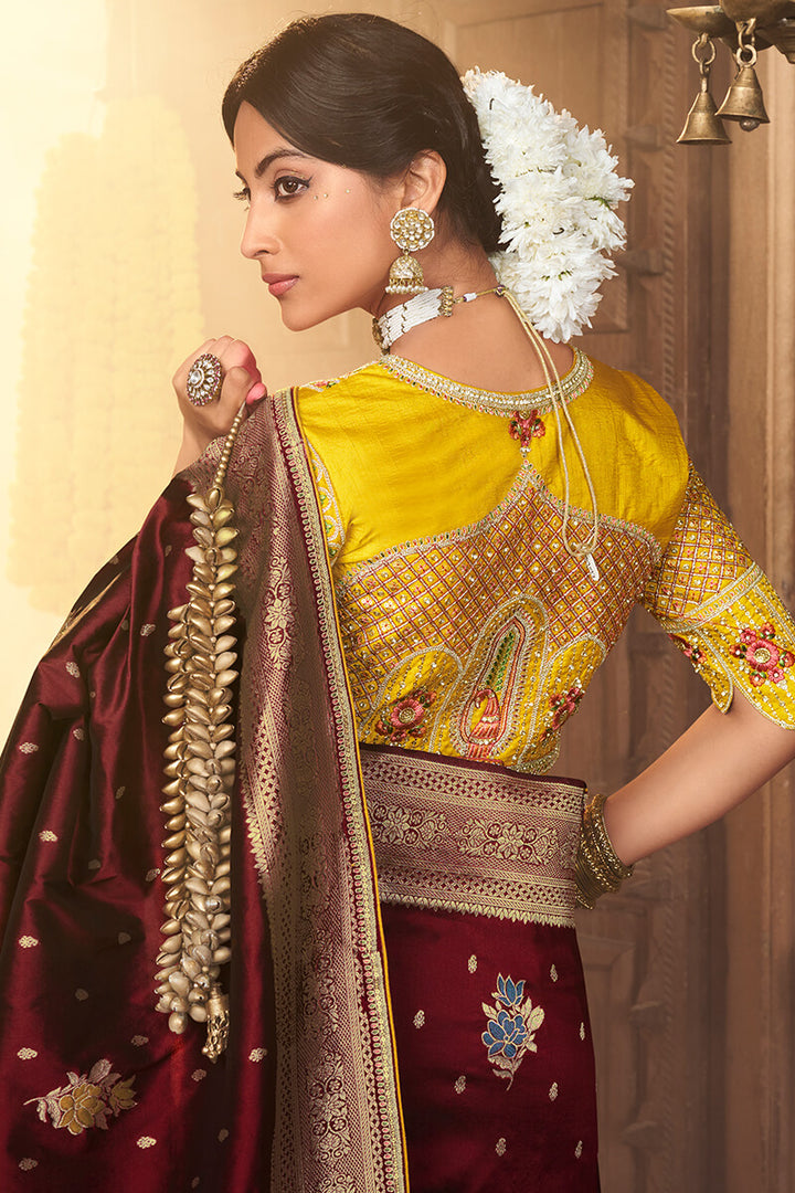 Chestnut Maroon Pure Silk Saree With Embroidery Blouse