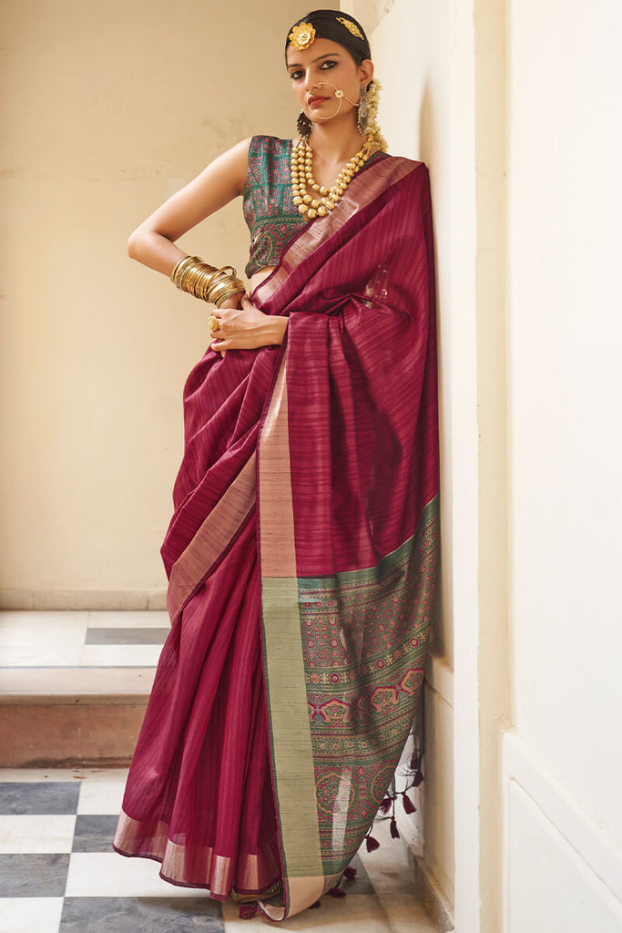 Claret Wine Linen Tussar Silk Saree