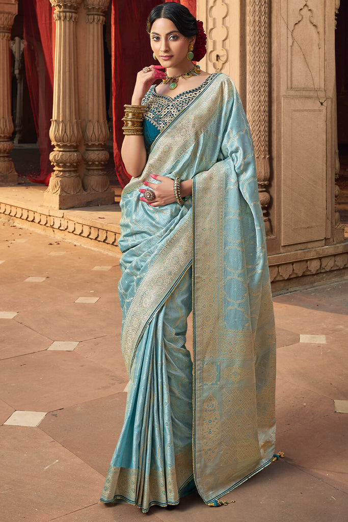 Cloudy Blue Banarasi Satin Silk Saree with Embroidery Blouse