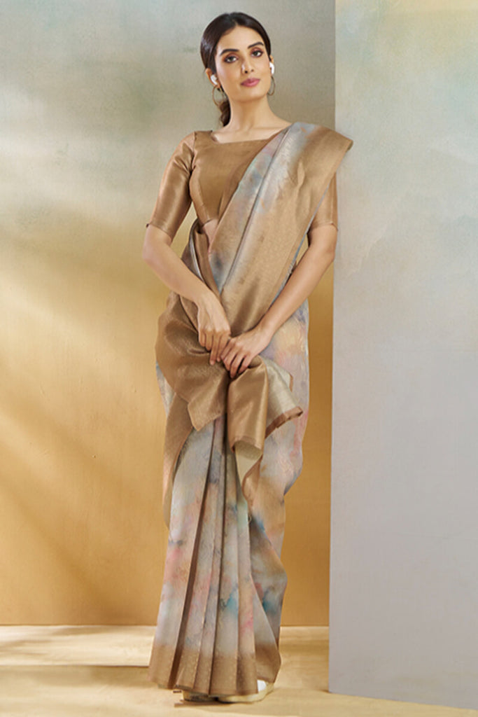 Coco Brown Digital Printed Khadi Silk Saree