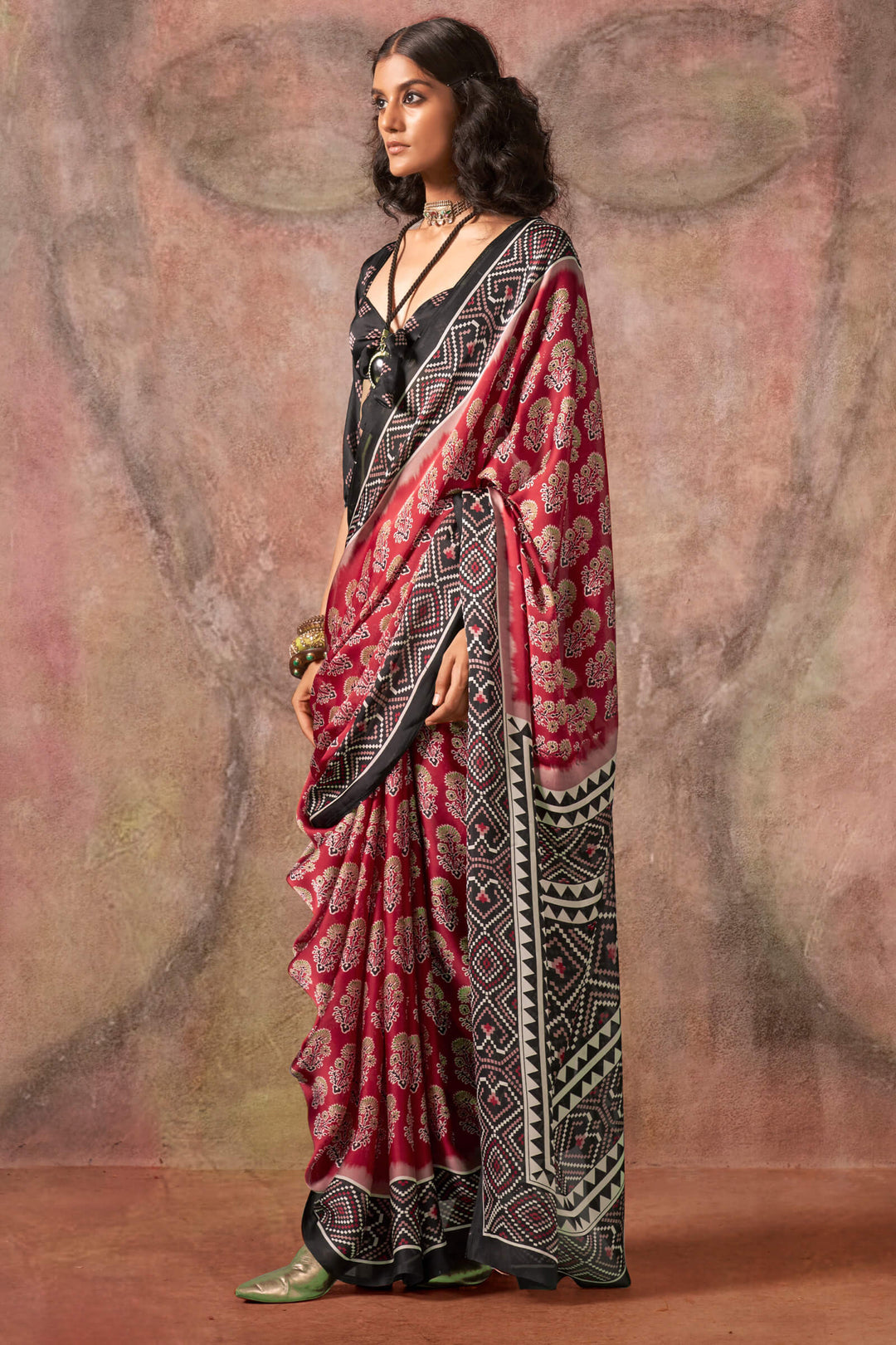 Cornell Red Ajarkh Printed Satin Georgette Silk Saree