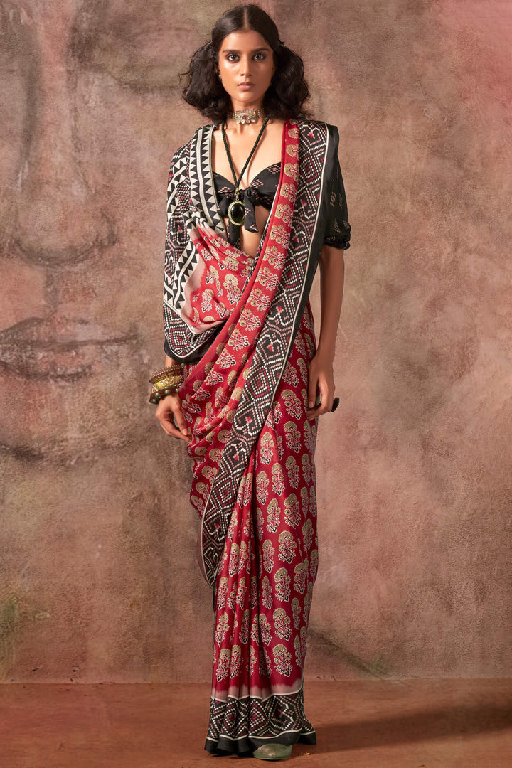 Cornell Red Ajarkh Printed Satin Georgette Silk Saree