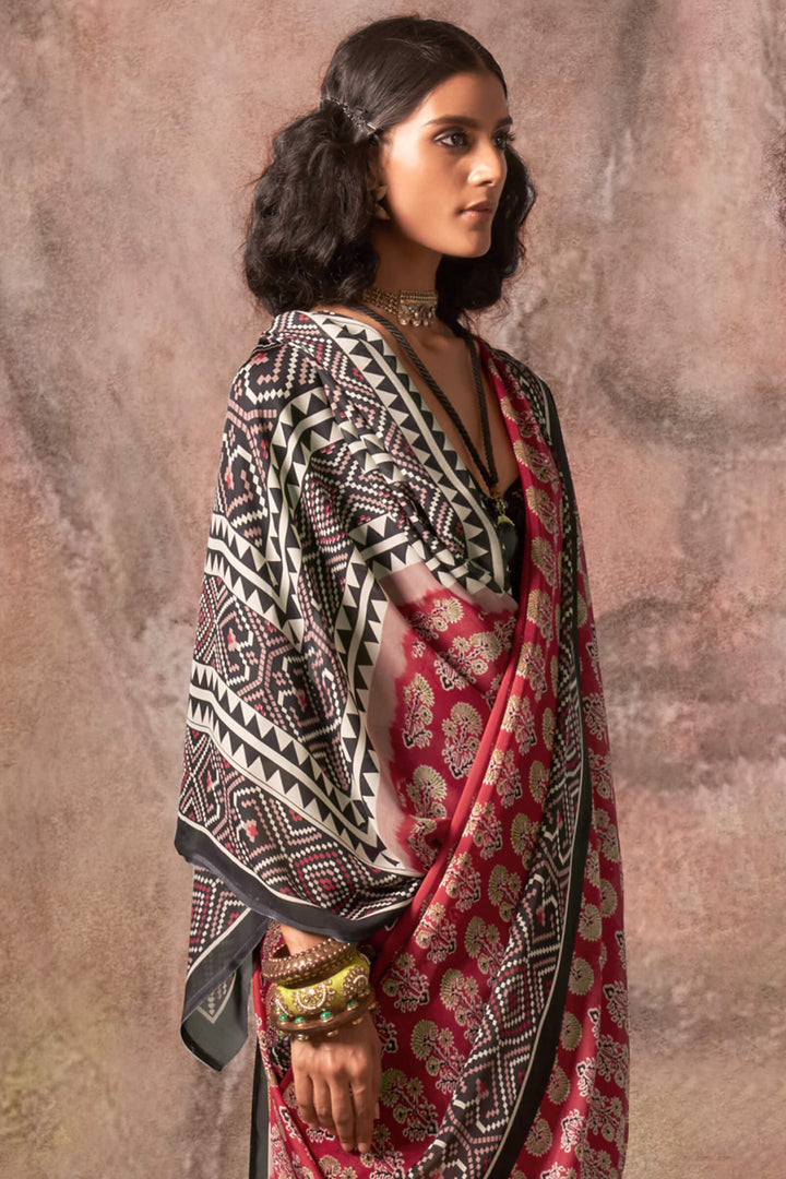 Cornell Red Ajarkh Printed Satin Georgette Silk Saree