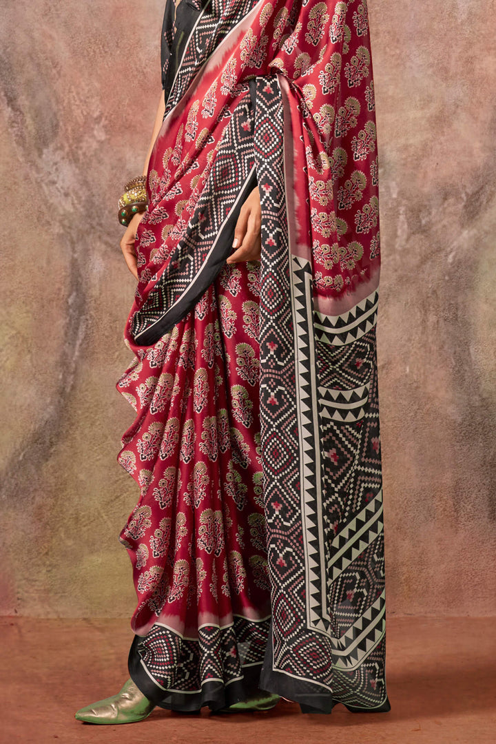 Cornell Red Ajarkh Printed Satin Georgette Silk Saree