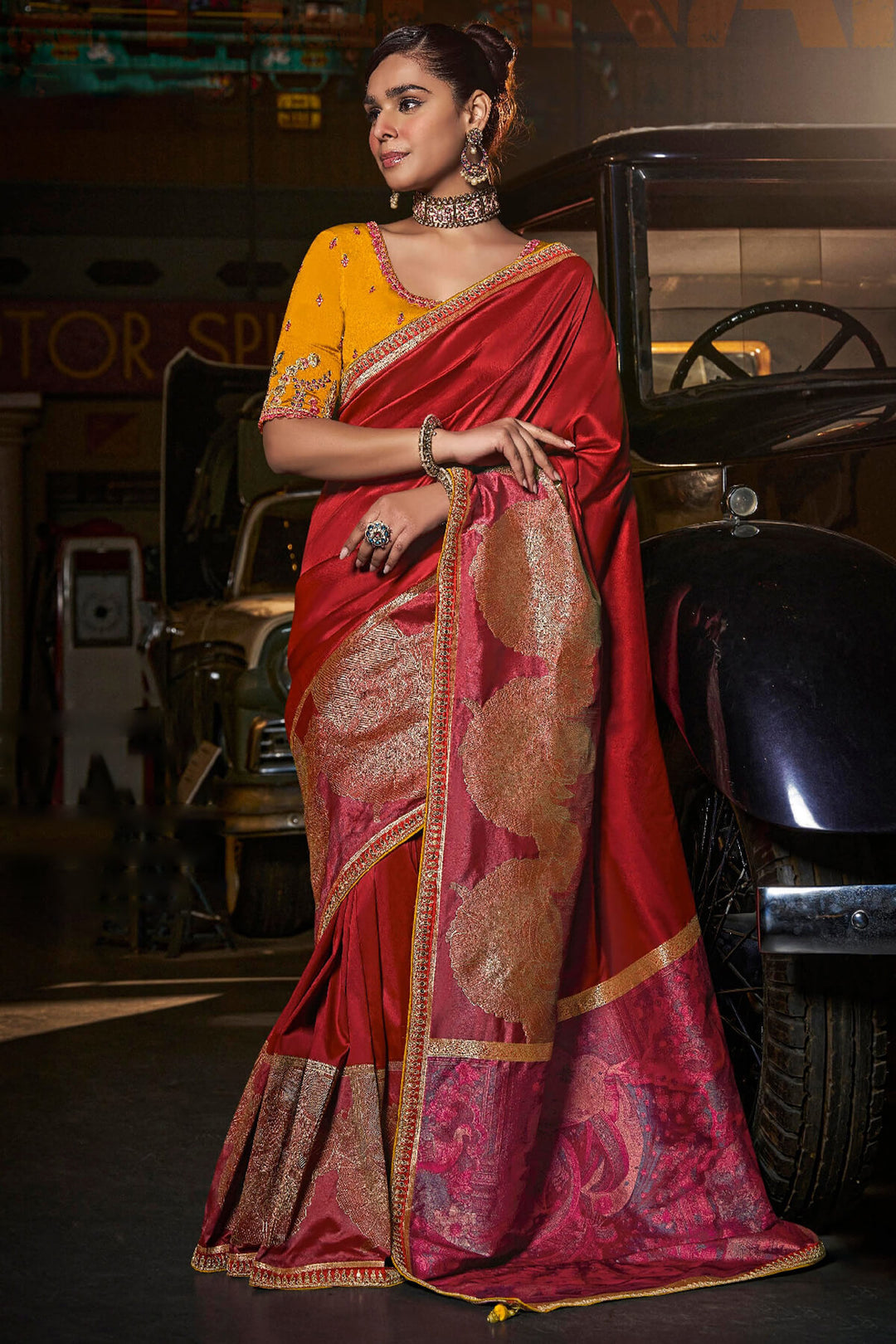 Cornell Red Pure Silk Saree With Fancy Lace Border and Embroidery Blouse