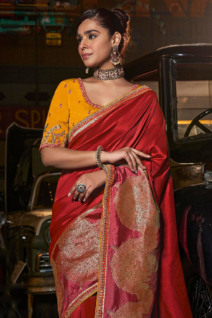 Cornell Red Pure Silk Saree With Fancy Lace Border and Embroidery Blouse