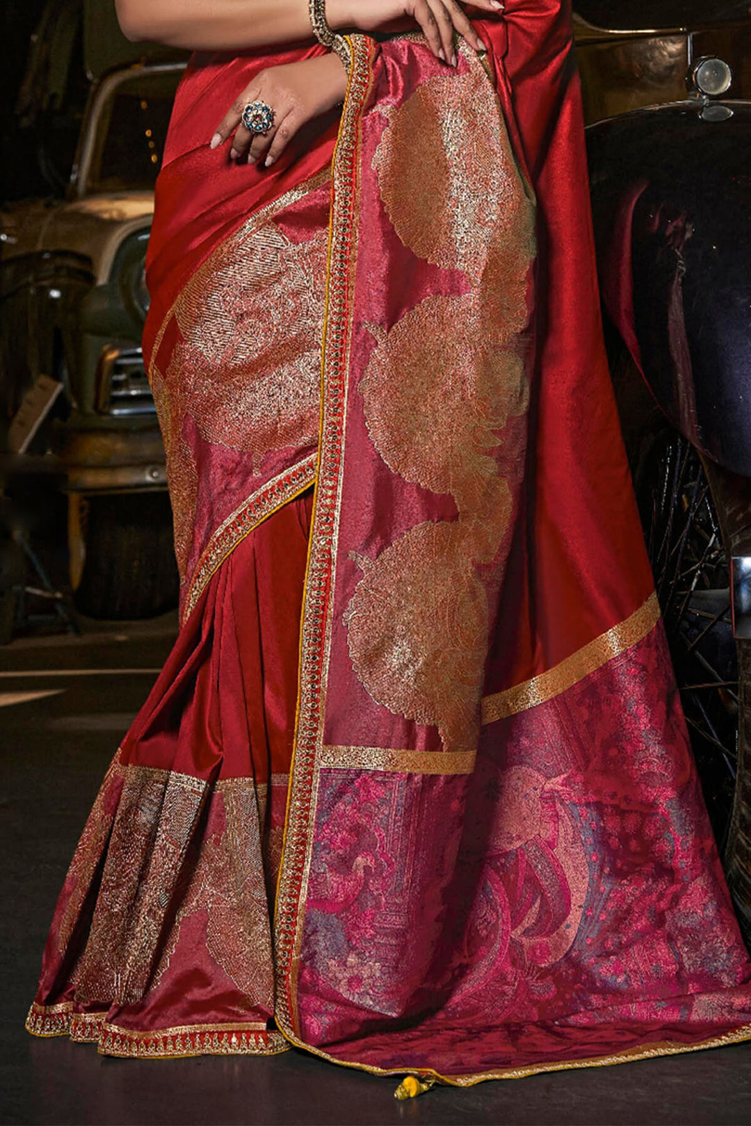 Cornell Red Pure Silk Saree With Fancy Lace Border and Embroidery Blouse