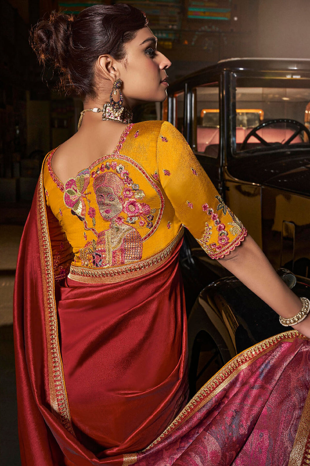 Cornell Red Pure Silk Saree With Fancy Lace Border and Embroidery Blouse