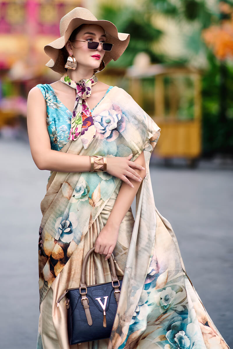 Cream Beige Printed Satin Crepe Silk Saree