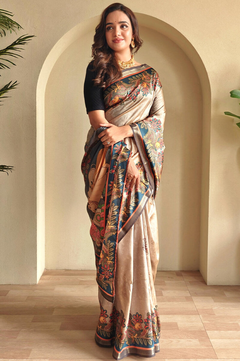 Dark Beige Kalamkari Printed Soft Silk Saree