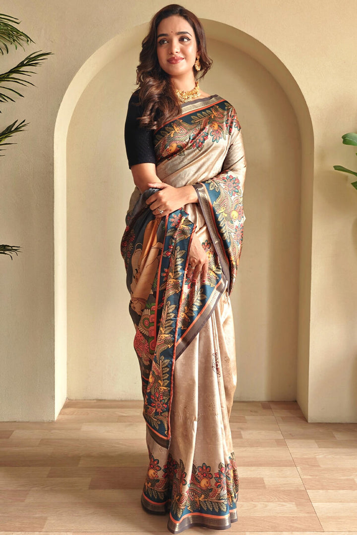 Dark Beige Kalamkari Printed Soft Silk Saree