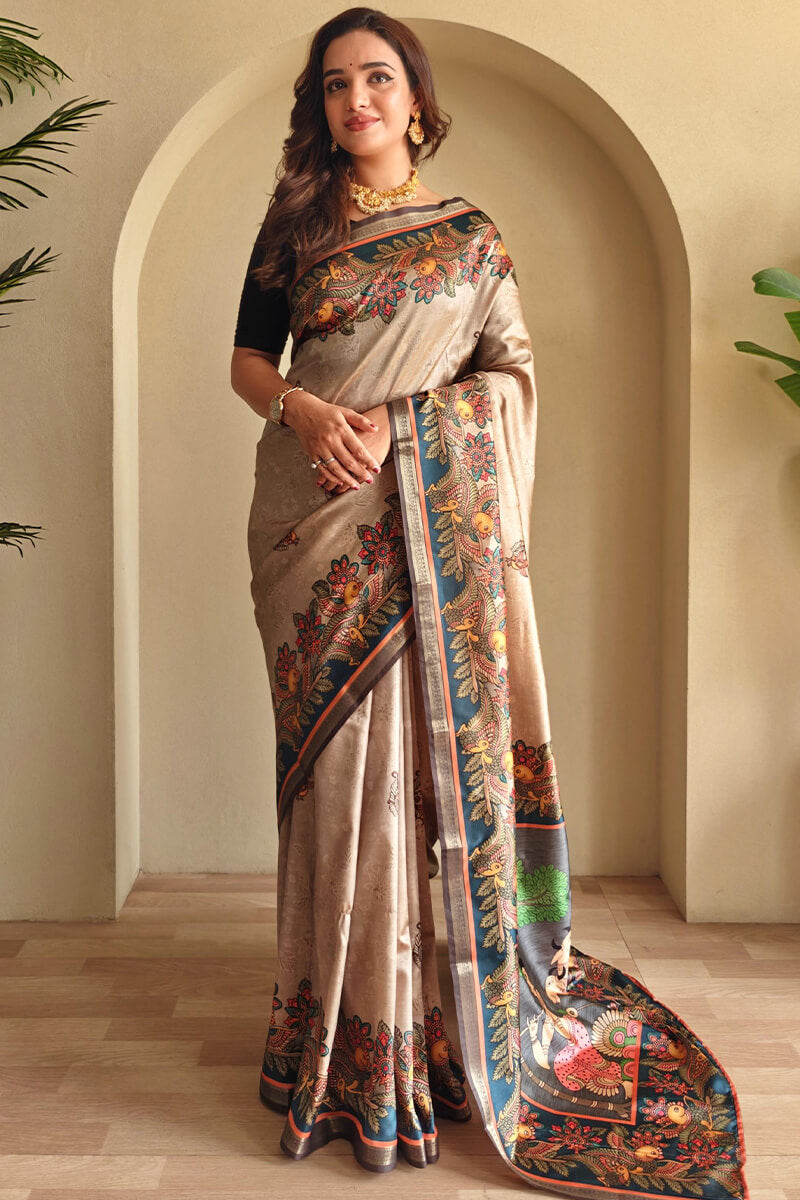 Dark Beige Kalamkari Printed Soft Silk Saree