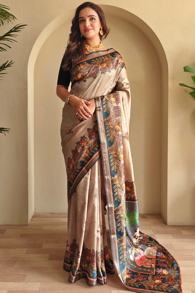 Dark Beige Kalamkari Printed Soft Silk Saree