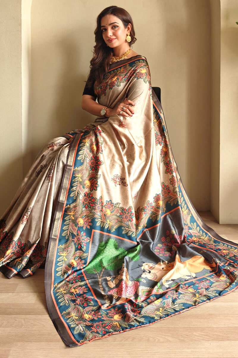 Dark Beige Kalamkari Printed Soft Silk Saree