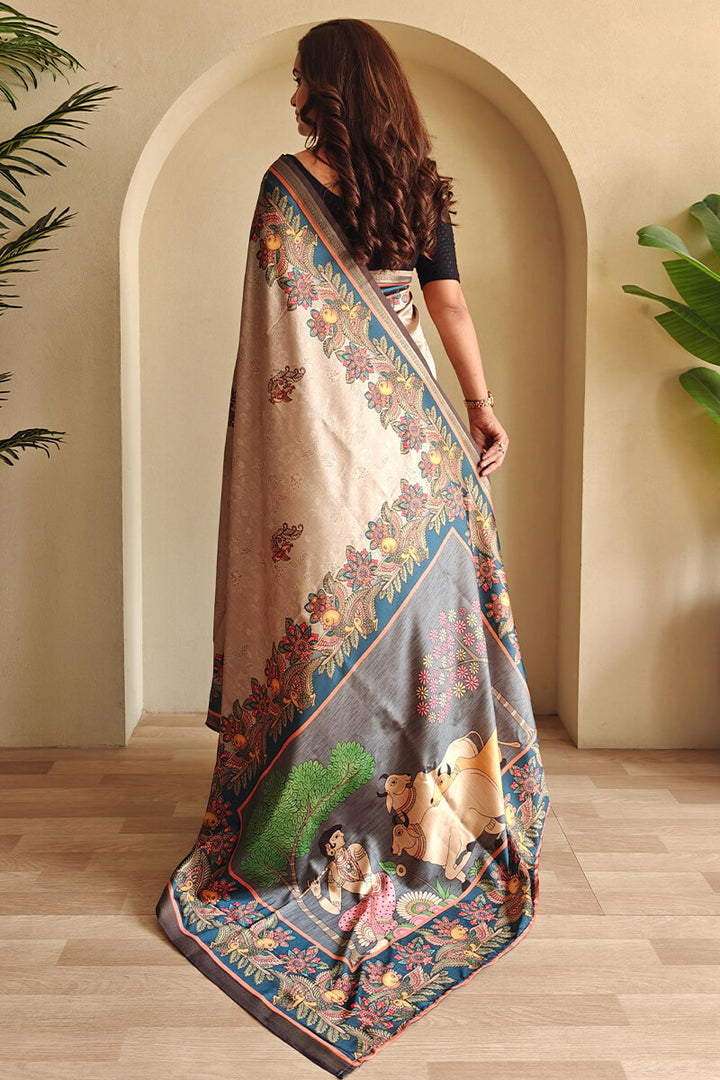 Dark Beige Kalamkari Printed Soft Silk Saree
