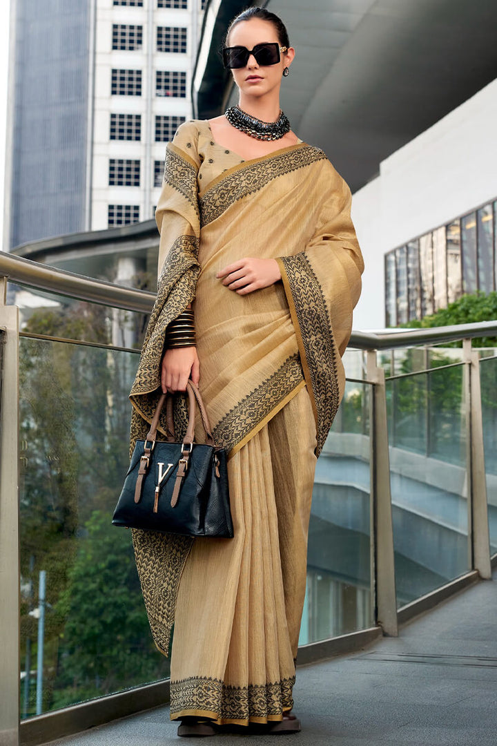 Dark Beige Linen Tissue Silk Saree