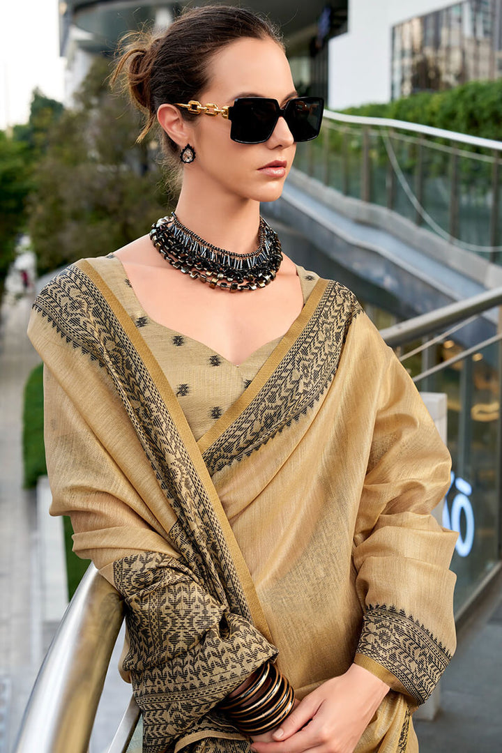 Dark Beige Linen Tissue Silk Saree