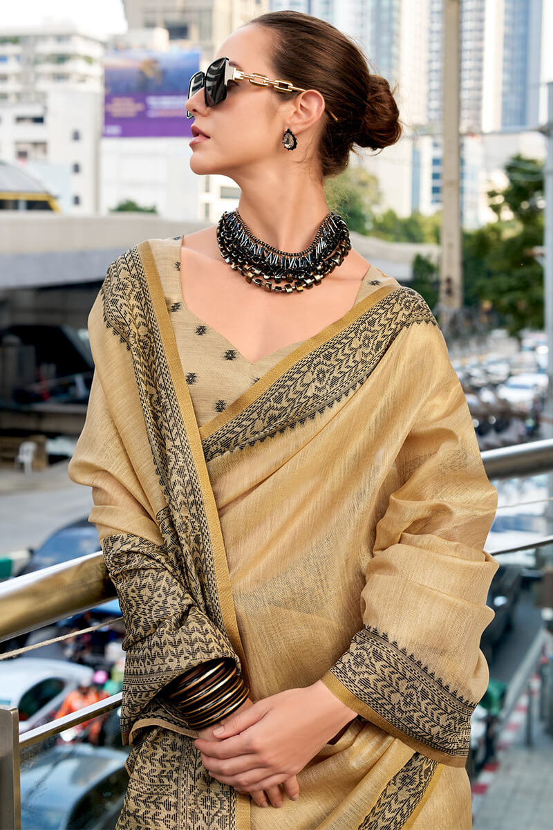 Dark Beige Linen Tissue Silk Saree