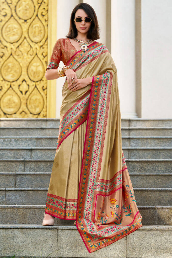 Dark Beige Paithani Tissue Silk Saree