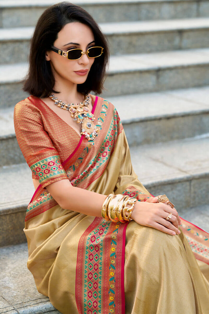 Dark Beige Paithani Tissue Silk Saree